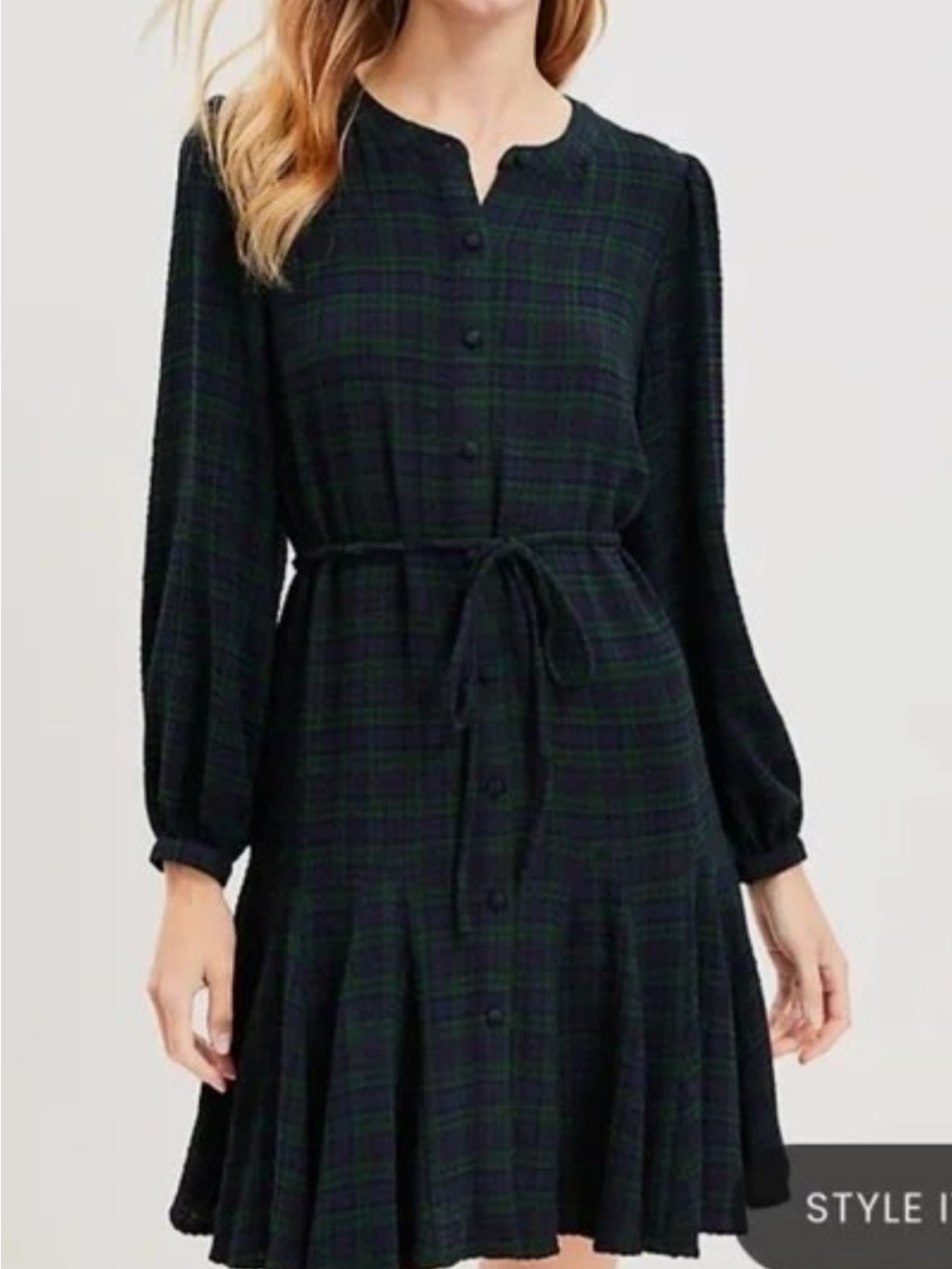 LOFT Black, Blue and Dark Green Plaid Long-Sleeve Tie-Waist Dress